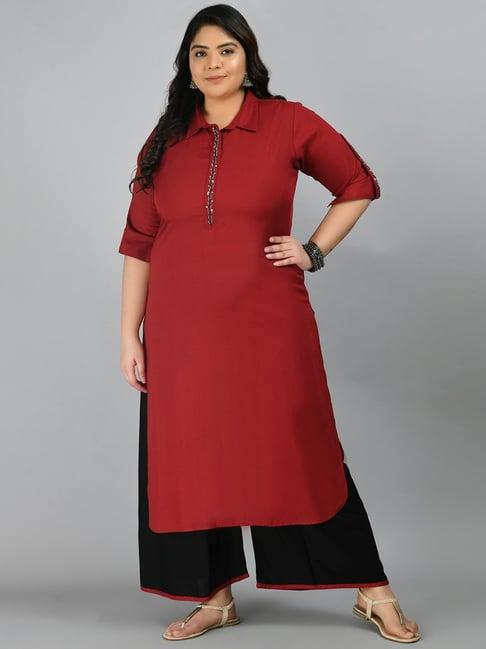 prettyplus by desinoor.com maroon & black embellished kurta palazzo set