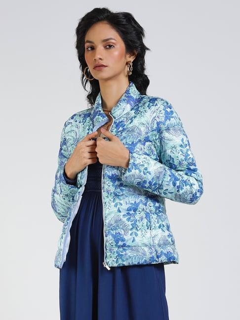 label ritu kumar blue floral print puffer jacket