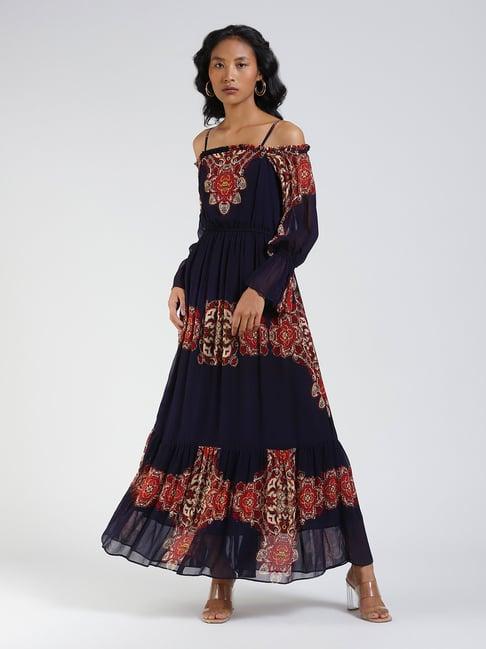 label ritu kumar navy printed maxi dress