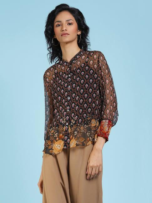 label ritu kumar black floral print shirt with camisole