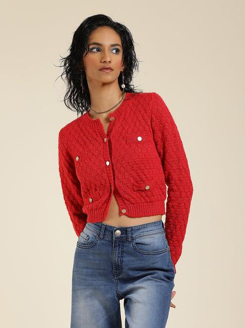 label ritu kumar red cardigan