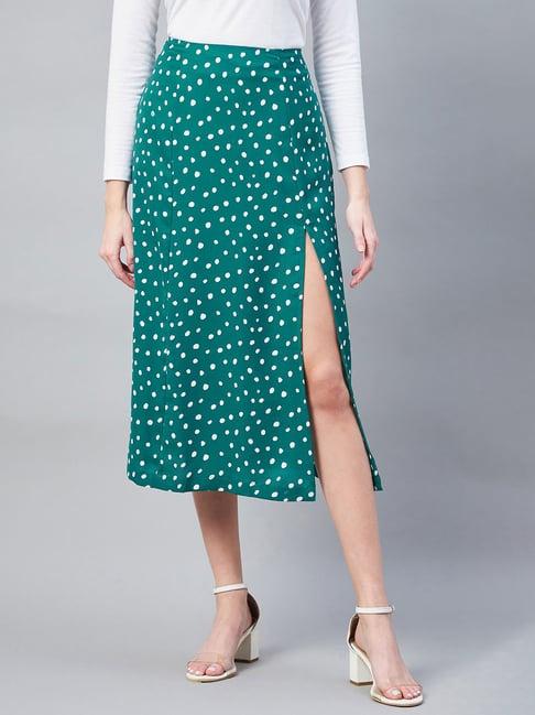 stylestone green print a-line midi slit skirt