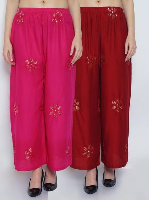 gracit pink & maroon embroidered palazzos - pack of 2