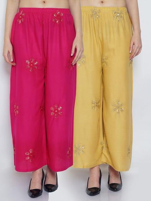 gracit pink & beige embroidered palazzos - pack of 2