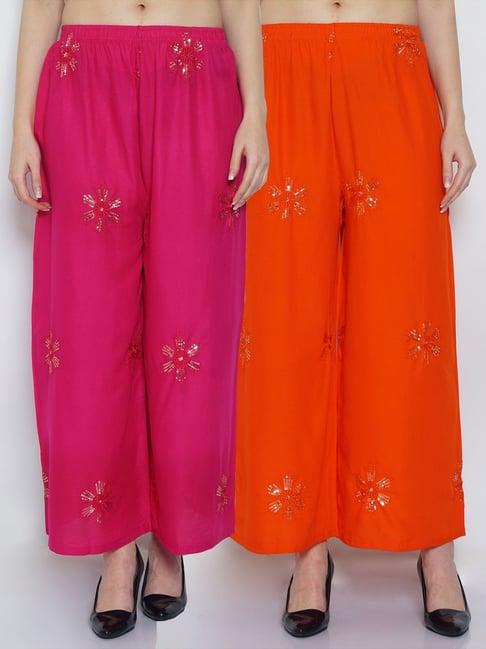 gracit pink & orange embroidered palazzos - pack of 2