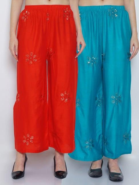 gracit red & turquoise embroidered palazzos - pack of 2