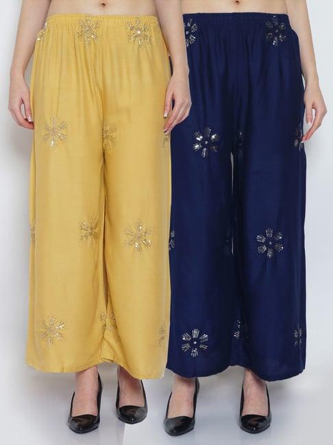 gracit beige & navy embroidered palazzos - pack of 2