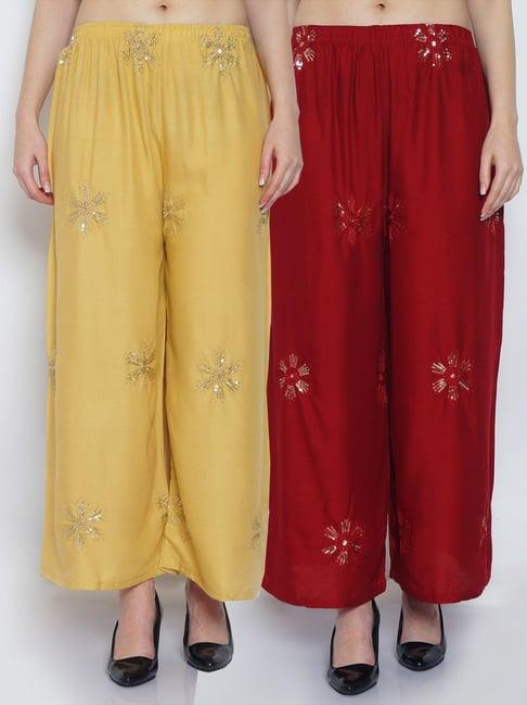 gracit beige & maroon embroidered palazzos - pack of 2