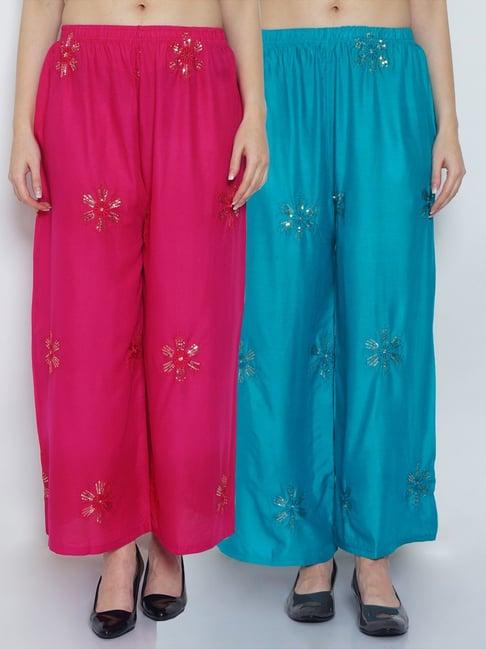 gracit pink & turquoise embroidered palazzos - pack of 2