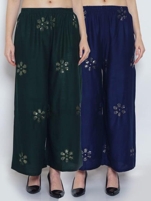 gracit green & navy embroidered palazzos - pack of 2