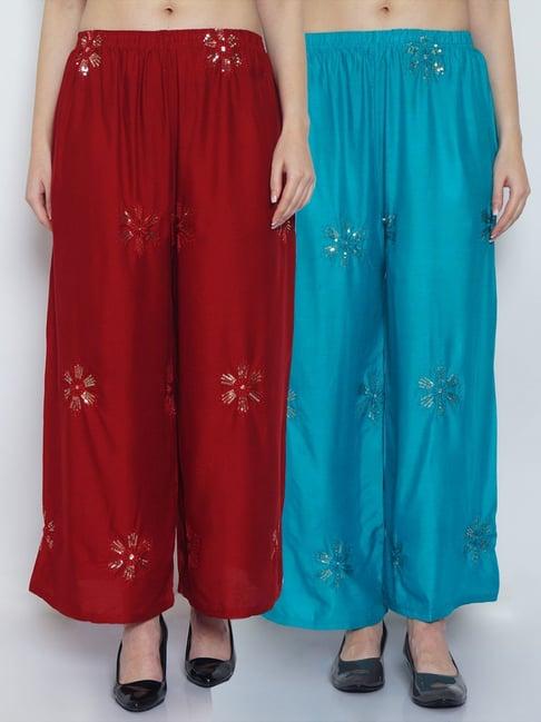 gracit maroon & turquoise embroidered palazzos - pack of 2