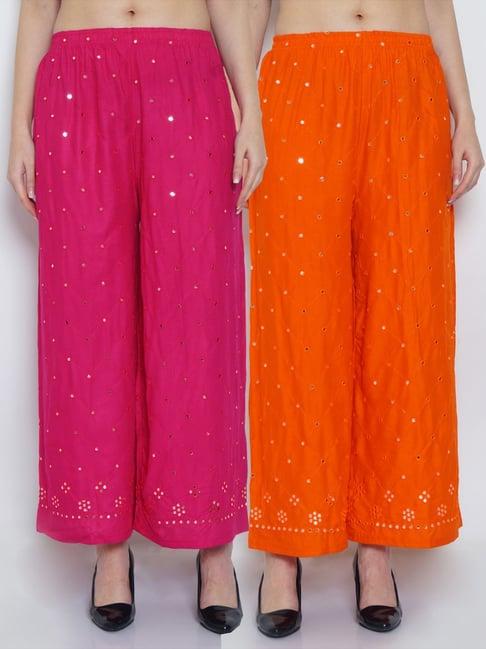 gracit pink & orange embroidered palazzos - pack of 2