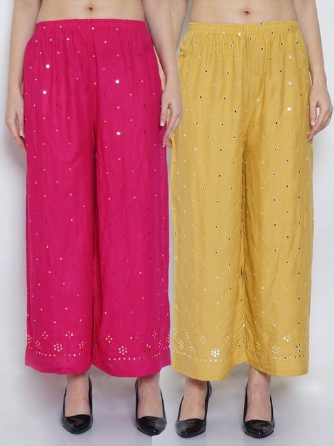 gracit pink & beige embroidered palazzos - pack of 2