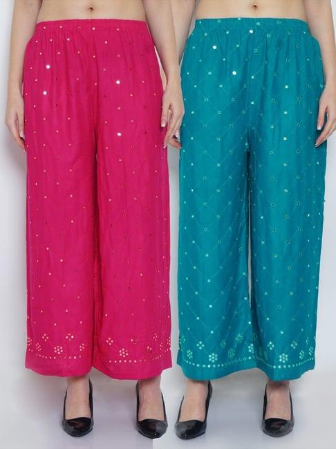 gracit pink & turquoise embroidered palazzos - pack of 2