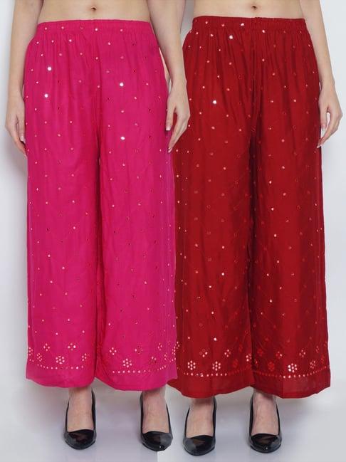 gracit pink & maroon embroidered palazzos - pack of 2