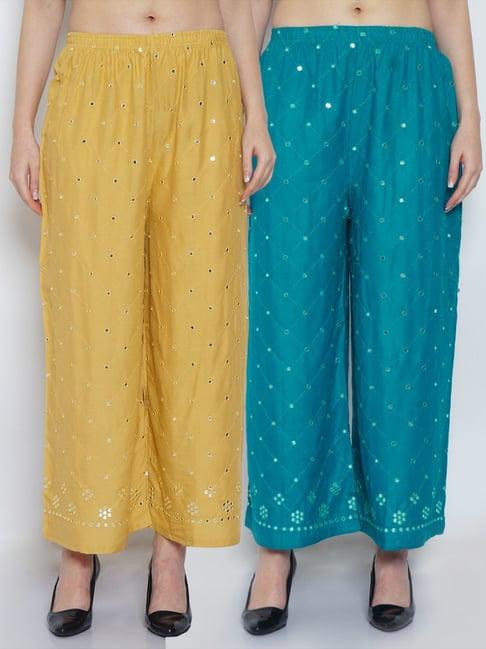 gracit beige & turquoise embroidered palazzos - pack of 2