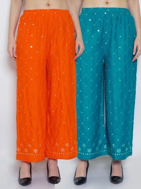 gracit orange & turquoise embroidered palazzos - pack of 2