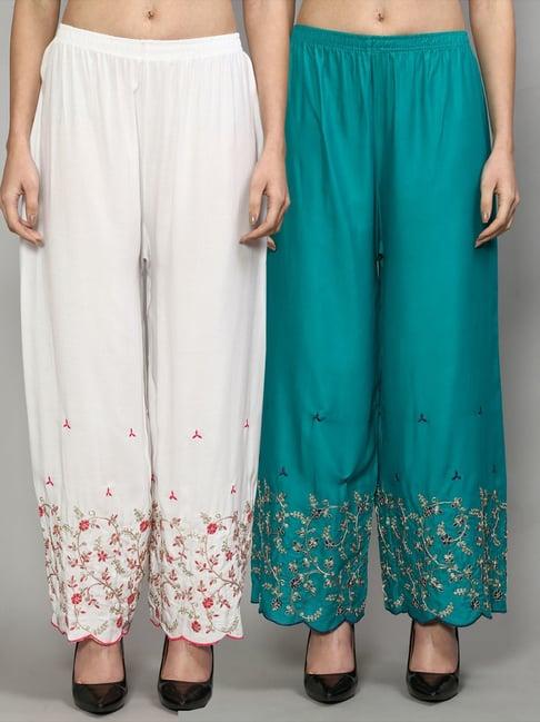 gracit white & turquoise embroidered palazzos - pack of 2