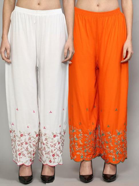 gracit white & orange embroidered palazzos - pack of 2