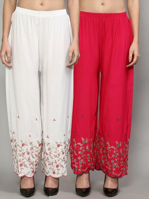 gracit white & pink embroidered palazzos - pack of 2