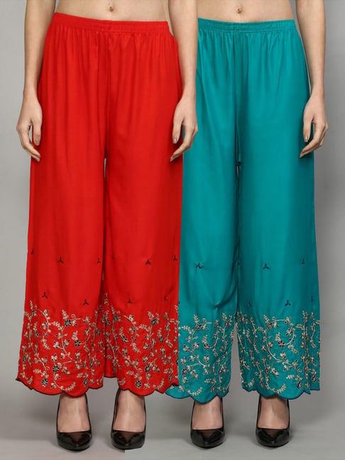 gracit red & turquoise embroidered palazzos - pack of 2