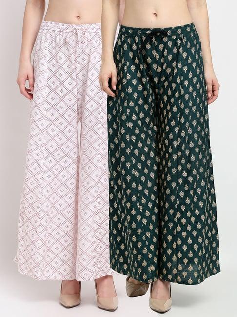 gracit white & green printed palazzos - pack of 2