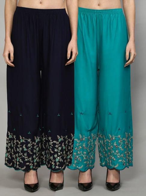 gracit navy & turquoise embroidered palazzos - pack of 2