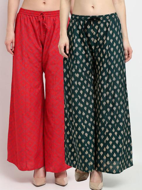 gracit red & green printed palazzos - pack of 2