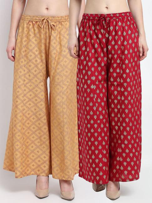 gracit beige & maroon printed palazzos - pack of 2