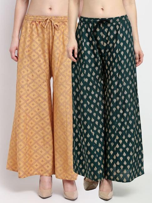 gracit beige & green printed palazzos - pack of 2