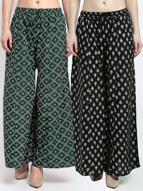 gracit green & black printed palazzos - pack of 2