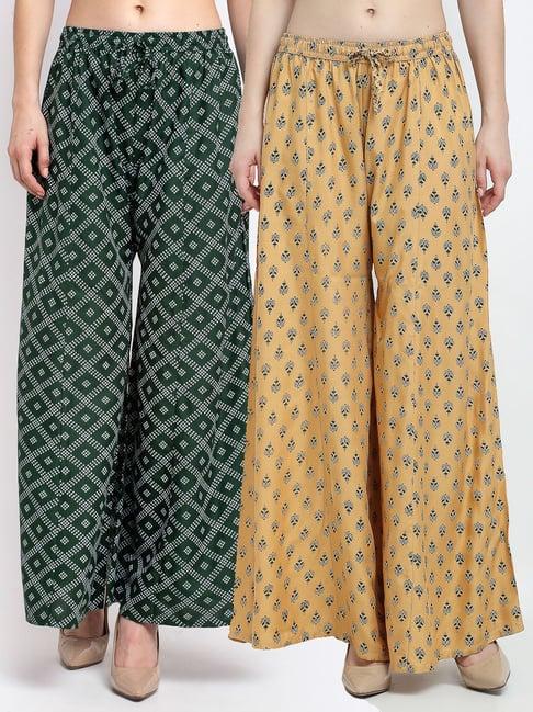 gracit green & beige printed palazzos - pack of 2