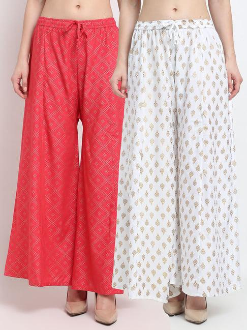 gracit pink & white printed palazzos - pack of 2