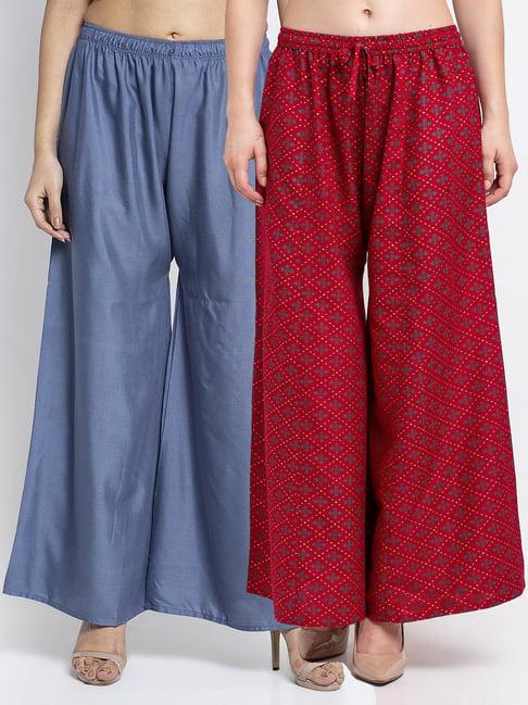 gracit maroon & grey printed palazzos - pack of 2