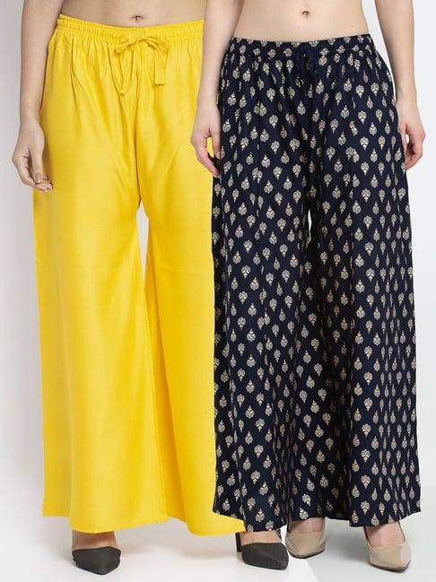 gracit navy & yellow printed palazzos - pack of 2