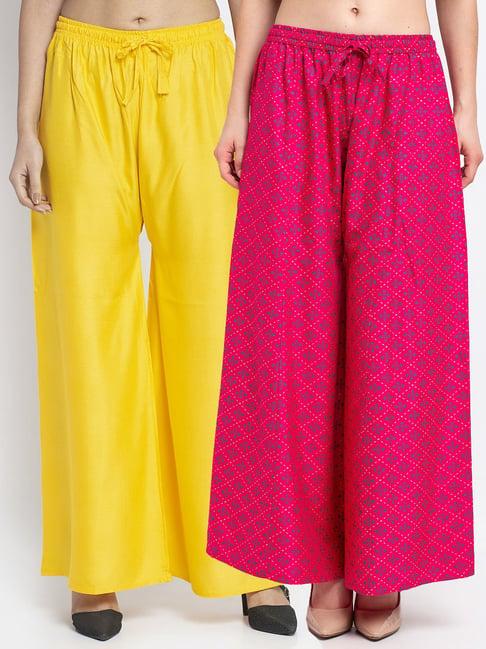 gracit pink & yellow printed palazzos - pack of 2