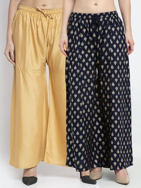 gracit navy & beige printed palazzos - pack of 2