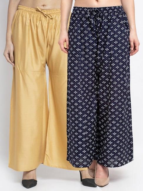 gracit navy & beige printed palazzos - pack of 2