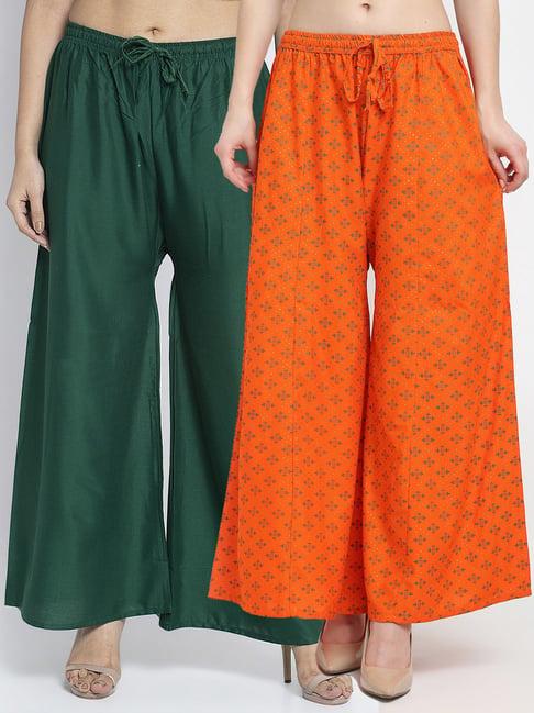 gracit orange & green printed palazzos - pack of 2