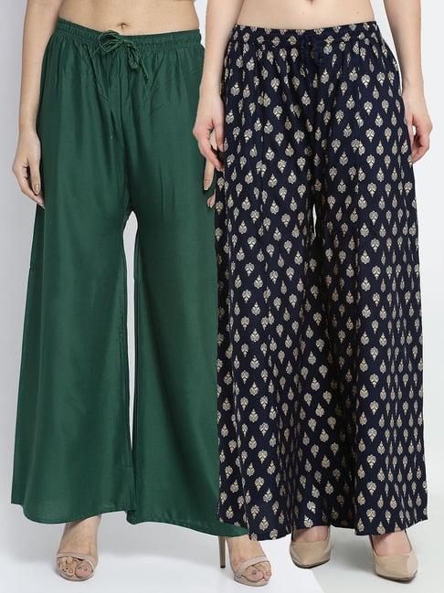 gracit navy & green printed palazzos - pack of 2