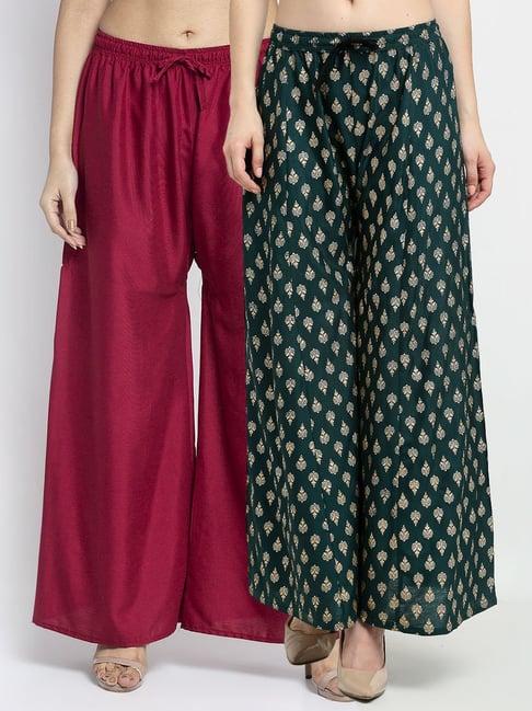 gracit green & maroon printed palazzos - pack of 2