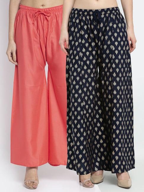 gracit navy & peach printed palazzos - pack of 2