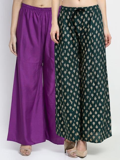 gracit green & purple printed palazzos - pack of 2