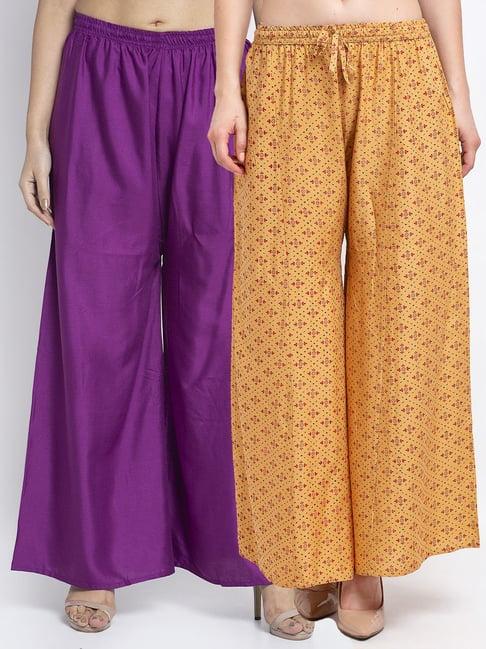 gracit beige & purple printed palazzos - pack of 2