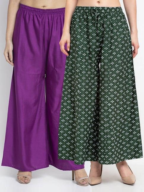 gracit green & purple printed palazzos - pack of 2