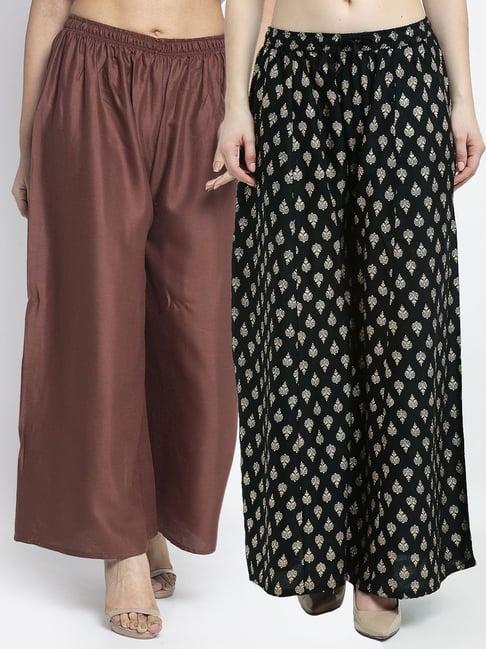 gracit black & brown printed palazzos - pack of 2