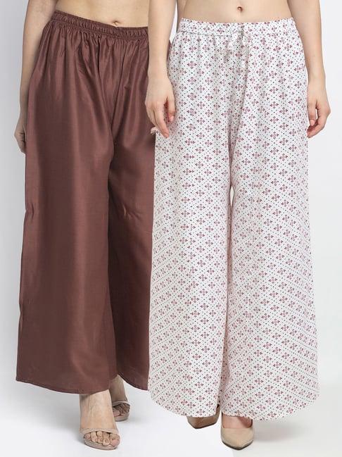 gracit white & brown printed palazzos - pack of 2