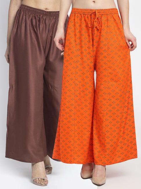 gracit orange & brown printed palazzos - pack of 2