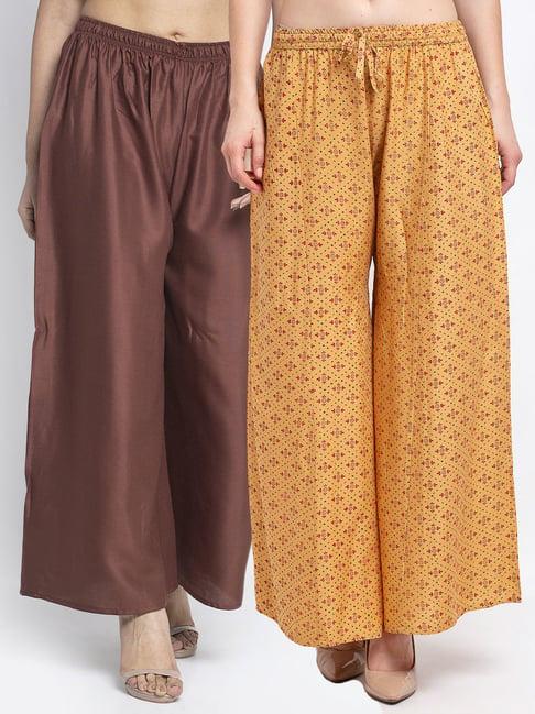 gracit beige & brown printed palazzos - pack of 2