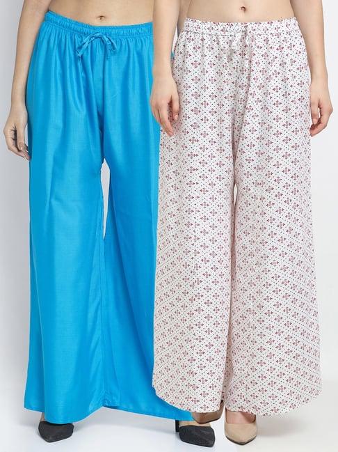 gracit white & blue printed palazzos - pack of 2